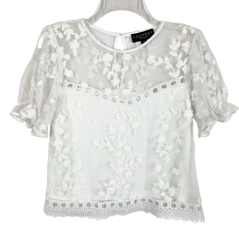 Laundry By Shelli Segal White Crochet Lace Short Sleeve Boho Top Women's Medium